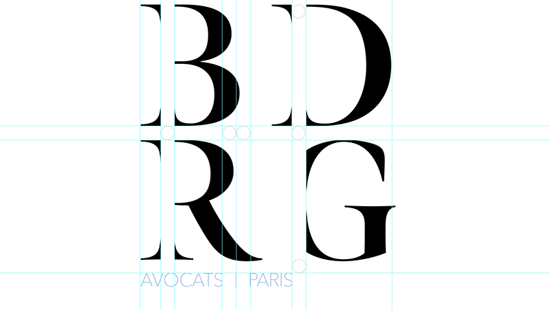 Damien Digital, design UXUI, designer, BDRG Avocats Paris, logo en cours de construction avec grilles et guides typographiques, monogramme BDRG serif noir