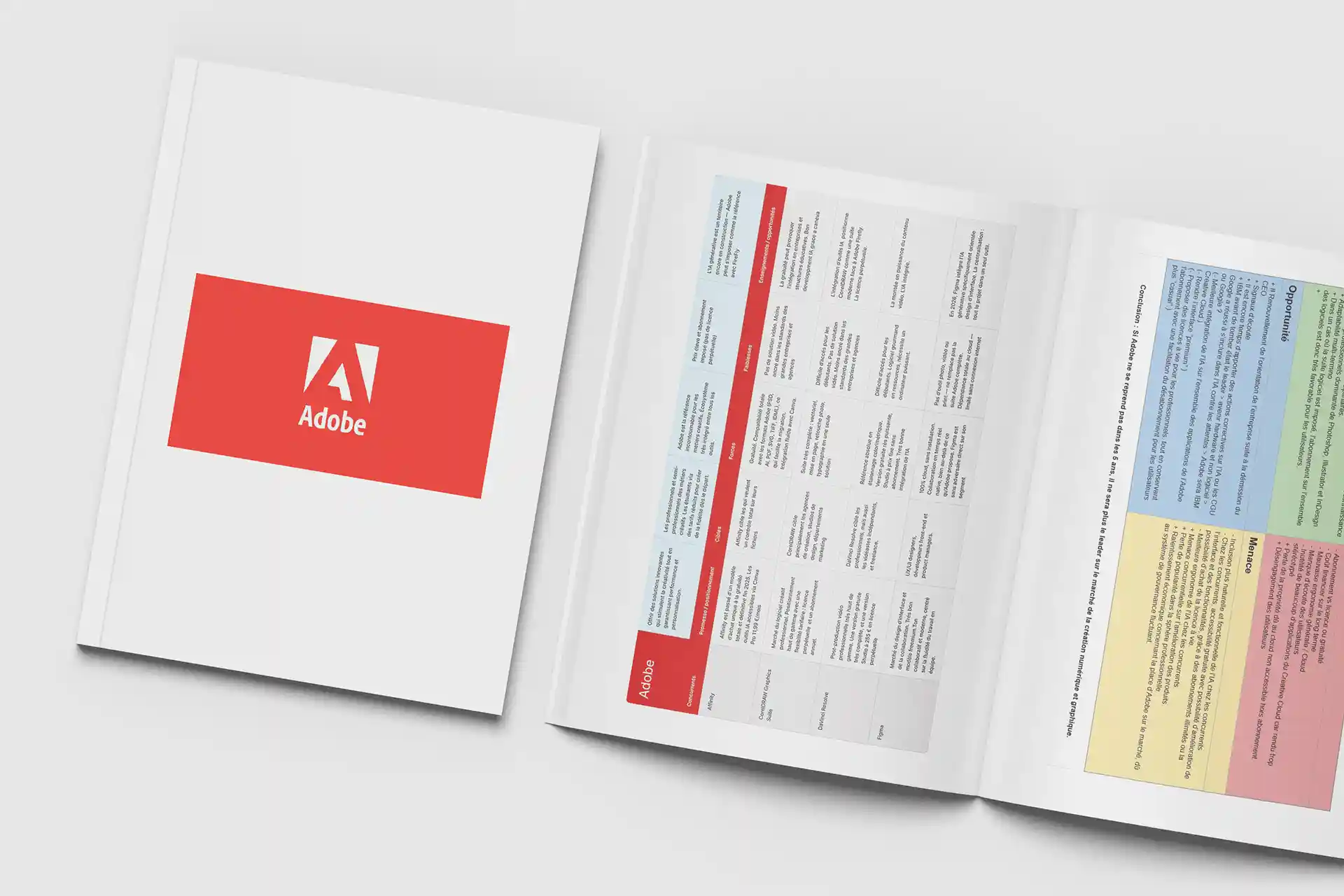 Damien Digital, design UXUI, designer, analyse concurrentielle Adobe, mockup brochure ouverte tableau comparatif des concurrents Affinity, CorelDRAW Graphics Suite, DaVinci Resolve et Figma, couverture logo Adobe rouge, forces faiblesses opportunités et menaces