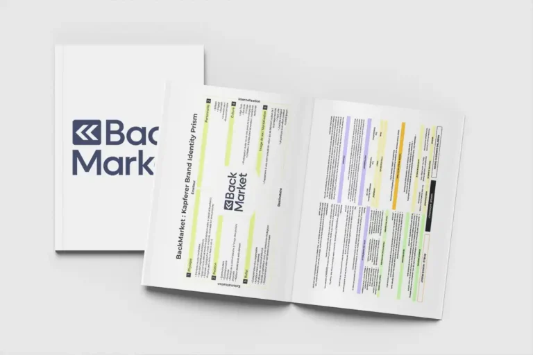 Damien Digital, design UXUI, designer, Back Market Kapferer Brand Identity Prism, mockup brochure couverture logo Back Market bleu marine, pages intérieures analyse identité de marque, fond gris clair