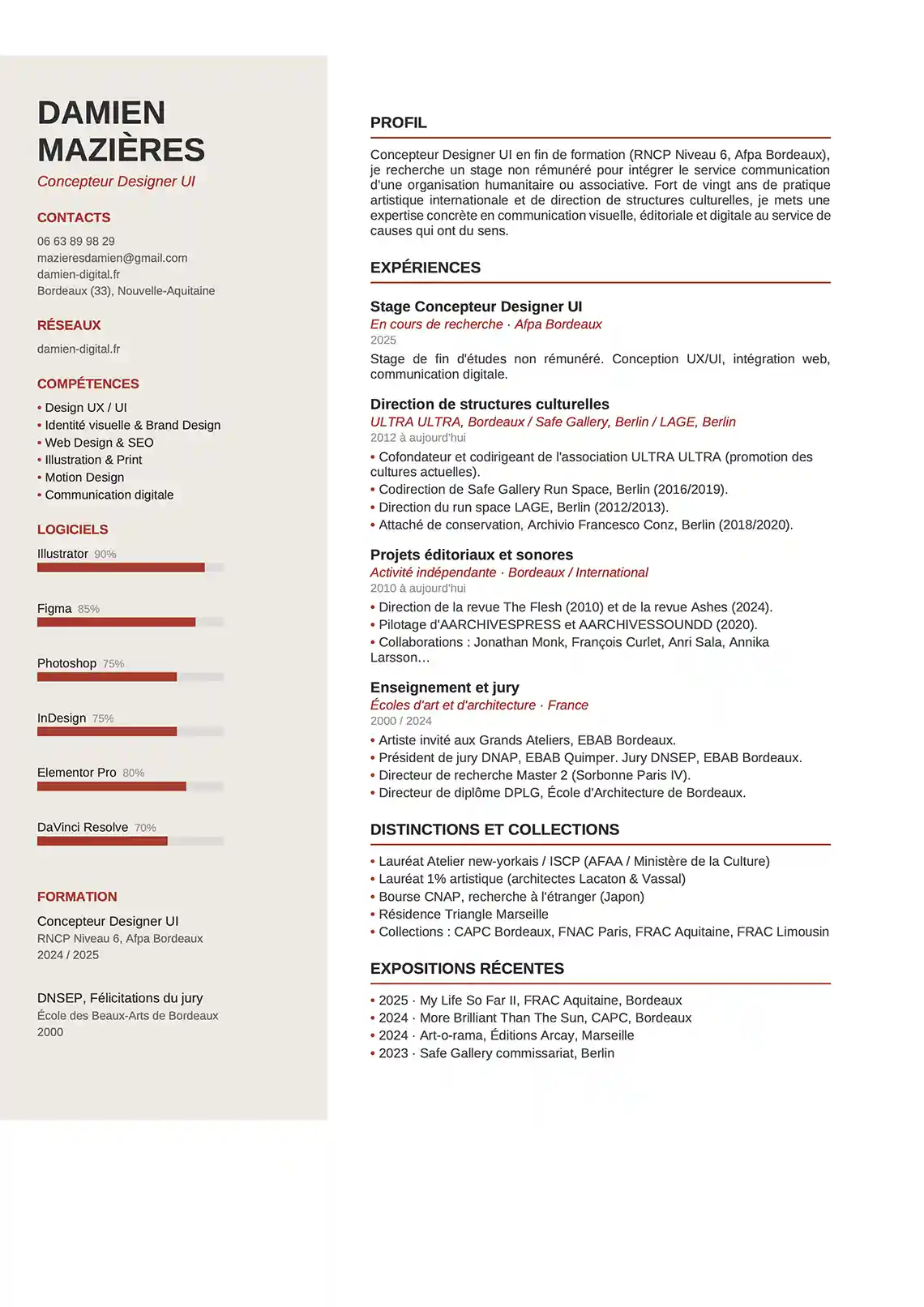 Damien Digital, design UXUI, designer, CV de Damien Mazières, concepteur designer UI, parcours professionnel, compétences et expériences