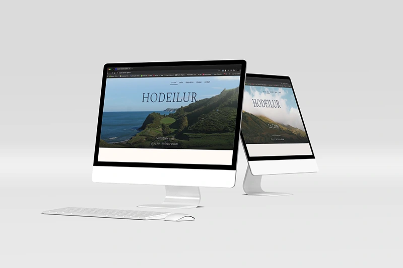 Damien Digital, design UXUI, designer, Hodeilur restaurant basque Saint Jean de Luz, mockup site web vue desktop et tablette, page accueil hero image côte mer et falaises vertes