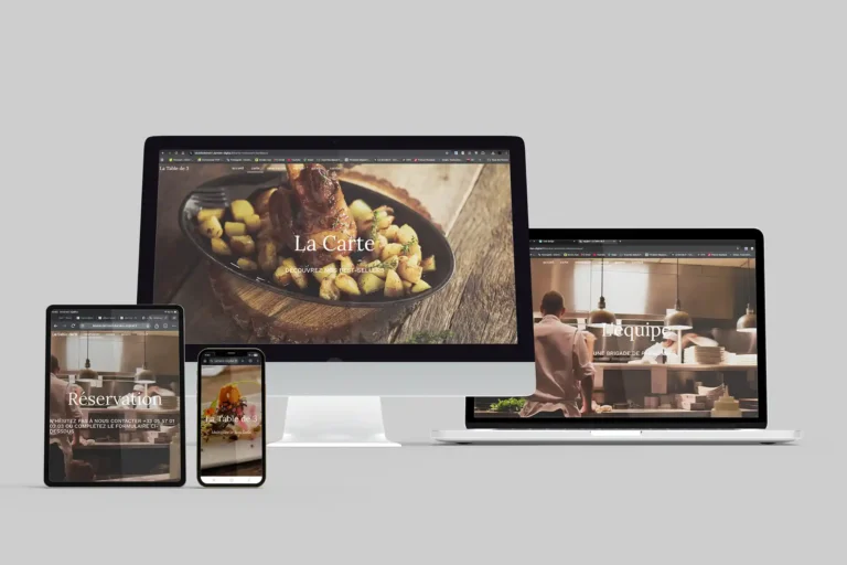 Damien Digital, design UXUI, designer, La Table de 3 restaurant gastronomique Bordeaux, mockup multi écrans desktop tablette et mobile, pages La Carte Réservation et L'équipe, plats gastronomiques et brigade en cuisine