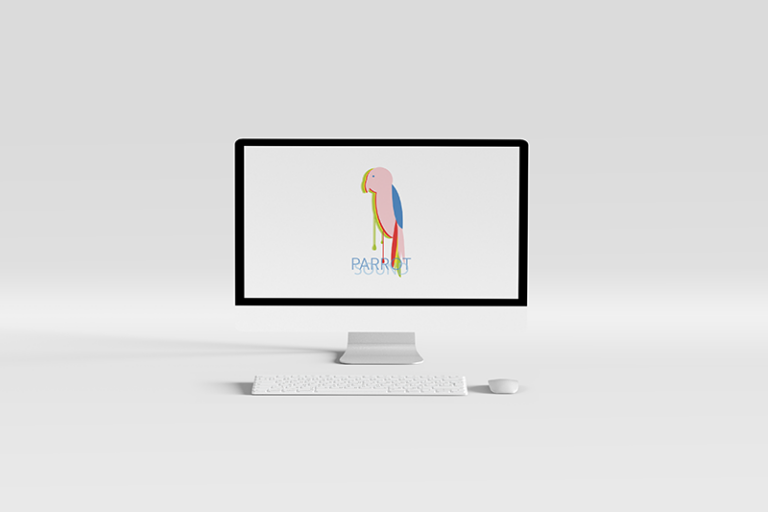 Damien Digital, design UXUI, designer, Parrot marque et logo, mockup site web vue desktop, illustration perroquet coloré rose bleu et rouge, fond gris clair