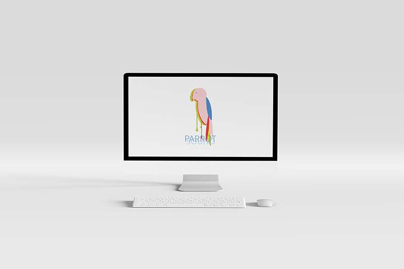 Damien Digital, design UXUI, designer, Parrot marque et logo, mockup site web vue desktop, illustration perroquet coloré rose bleu et rouge, fond gris clair