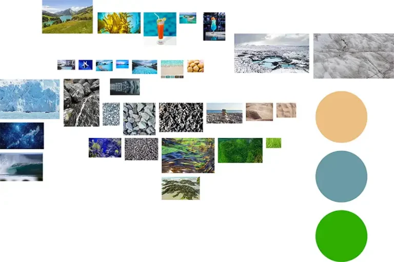 Damien Digital, design UXUI, designer, Pic de Gance, station de ski, moodboard saison été, palette chromatique bleu vert beige, mer montagne nature
