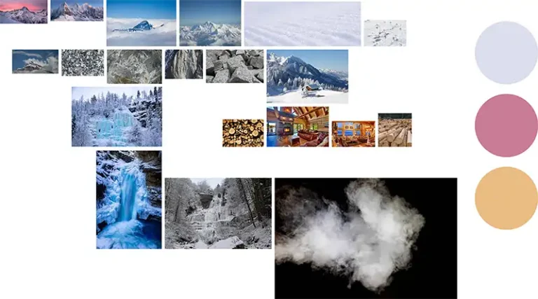 Damien Digital, design UXUI, designer, Pic de Gance, station de ski, moodboard saison hiver, palette chromatique blanc mauve doré, neige montagnes chalets
