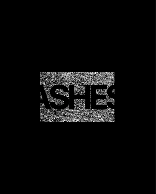 Damien Digital, design UXUI, designer, revue Ashes, art contemporain, couverture du numéro, titre "Ashes" en lettres noires sur bandeau texturé effet béton gris, fond noir