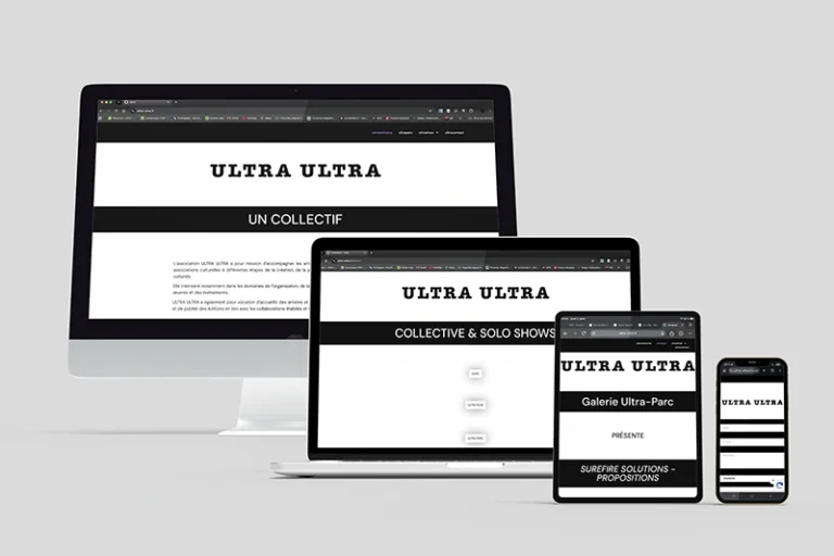 Damien Digital, design UXUI, designer, Ultra Ultra association art contemporain, mockup site web multi supports desktop tablette et mobile, page présentation galerie Ultra Parc, fond gris clair
