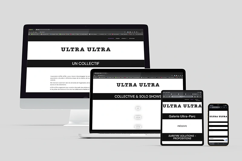 Damien Digital, design UXUI, designer, Ultra Ultra association art contemporain, mockup site web multi supports desktop tablette et mobile, page présentation galerie Ultra Parc, fond gris clair